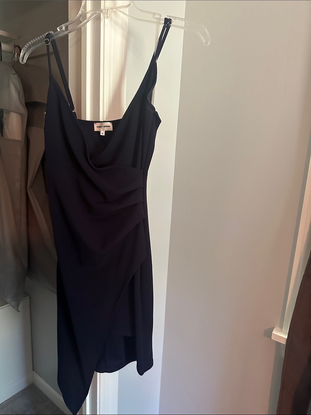 Slip Cowl Neck Asymmetrical Navy Dress